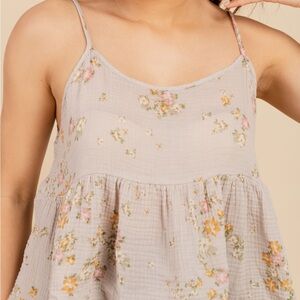 Flowy Floral Cotton Gauze Tank Top in Gray and Pink Boho Floral Festival Shirt